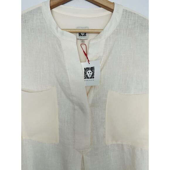 Anne Klein NWT Linen Hi-Low Blouse Sz M 3/4 Sleeve V-Neck Tunic Minimalist Boho - Picture 2 of 8